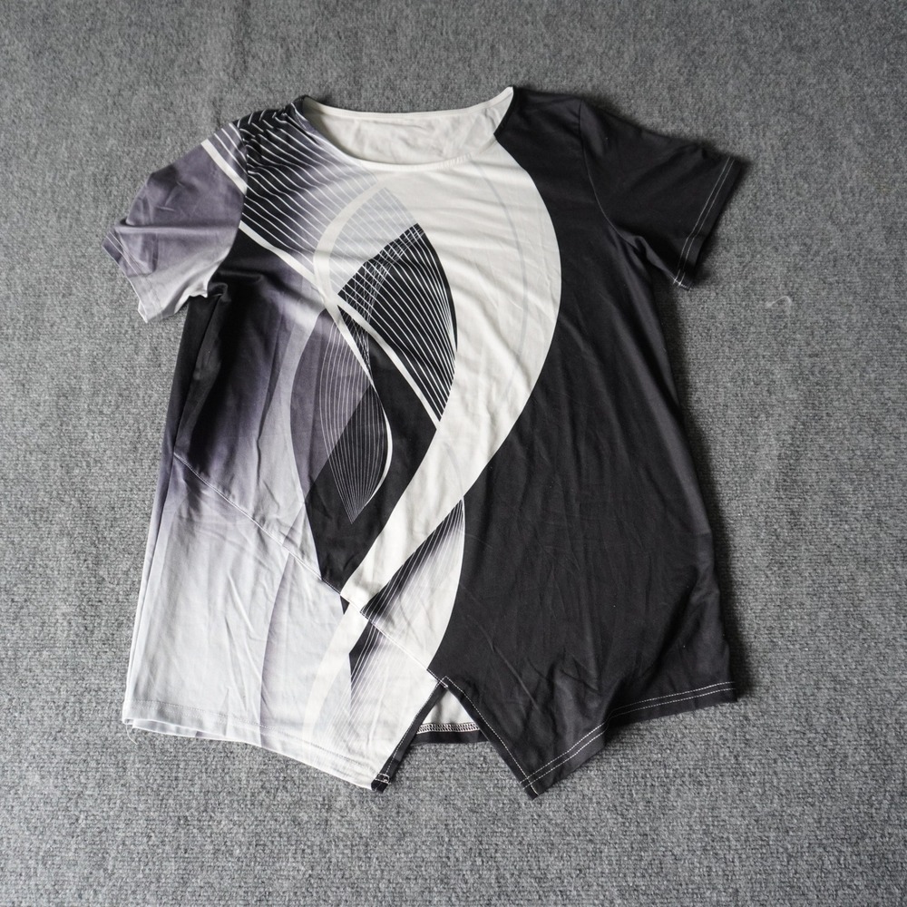 Abstract Black White Tunic Top, Short Sleeve, Women's Large Asymmetrical‎